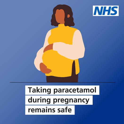 A cartoon image of a pregnant woman and the words Taking paracetamol during pregnancy remains safe