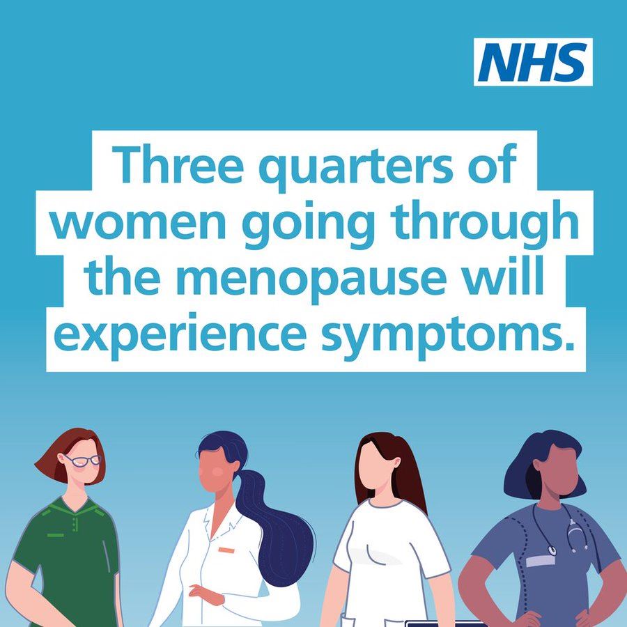 A carton image of women speaking with female healthcare professionals, the NHS logo and the words, three quarters of women going through the menopause will experience symptoms.
